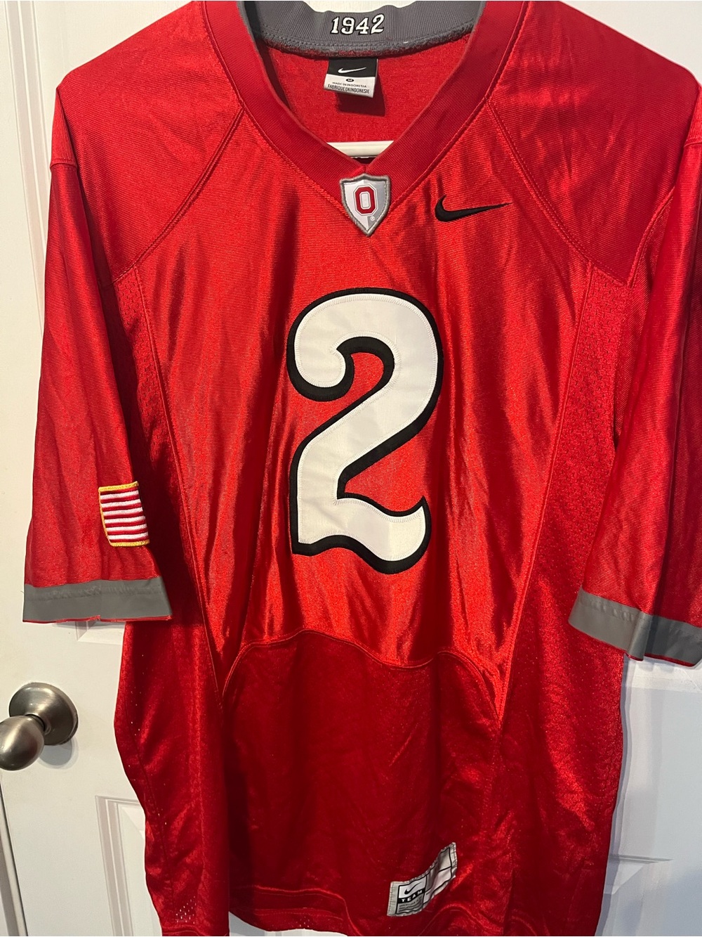 Nike Red and White Football Jersey with American Flag Patch